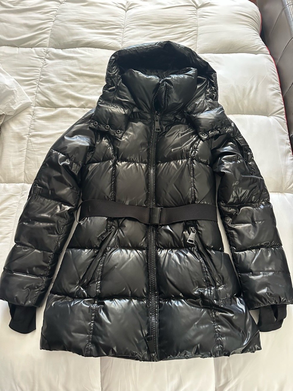 SAM Black Quilted Puffer Coat with Belt MEDIUM